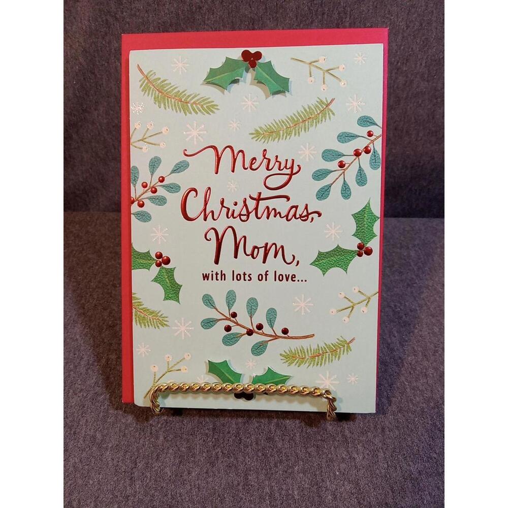 Hallmark Card White Green To MOM "Merry Christmas Mom With Love "Holly Misletoes